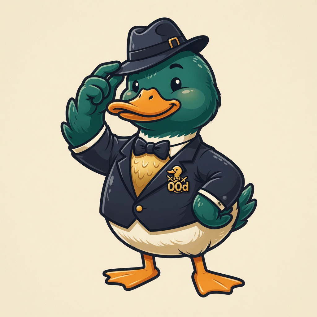 Agent Quack, 00d.uk mascot in a tuxedo