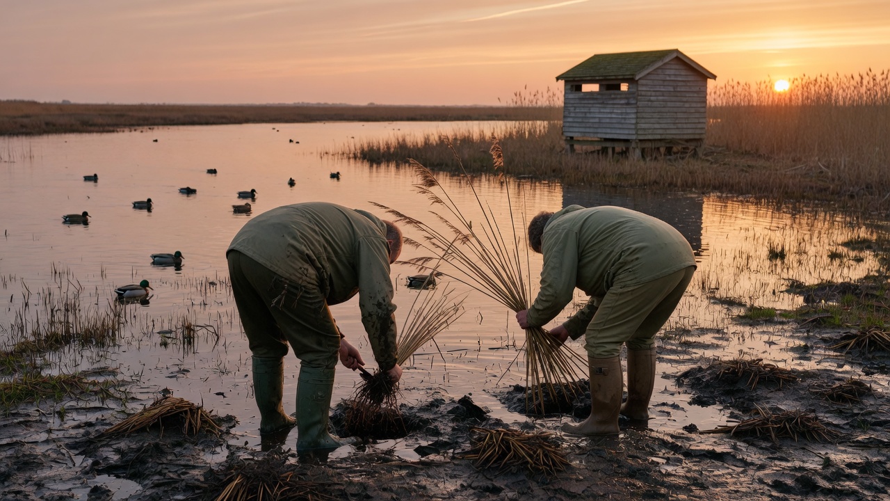 Volunteers planting reeds on a UK wetland scrape at sunset