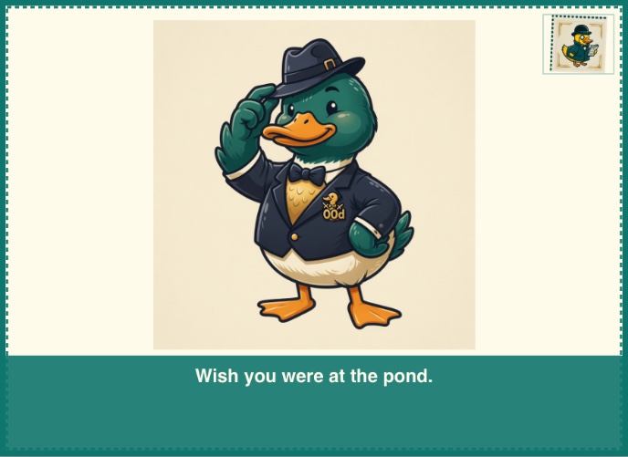 A sample 00d.uk postcard of Agent Quack with a spy stamp