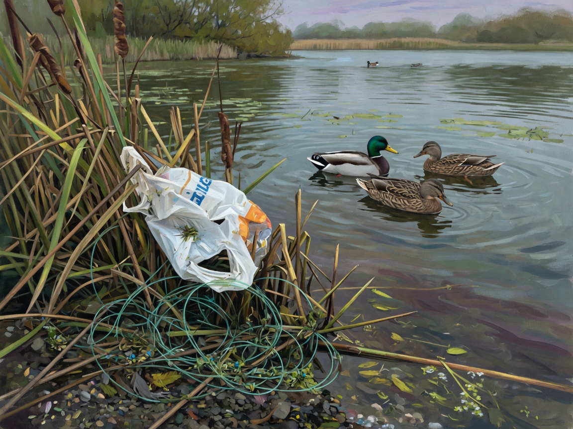 Discarded fishing line and plastic in reeds
