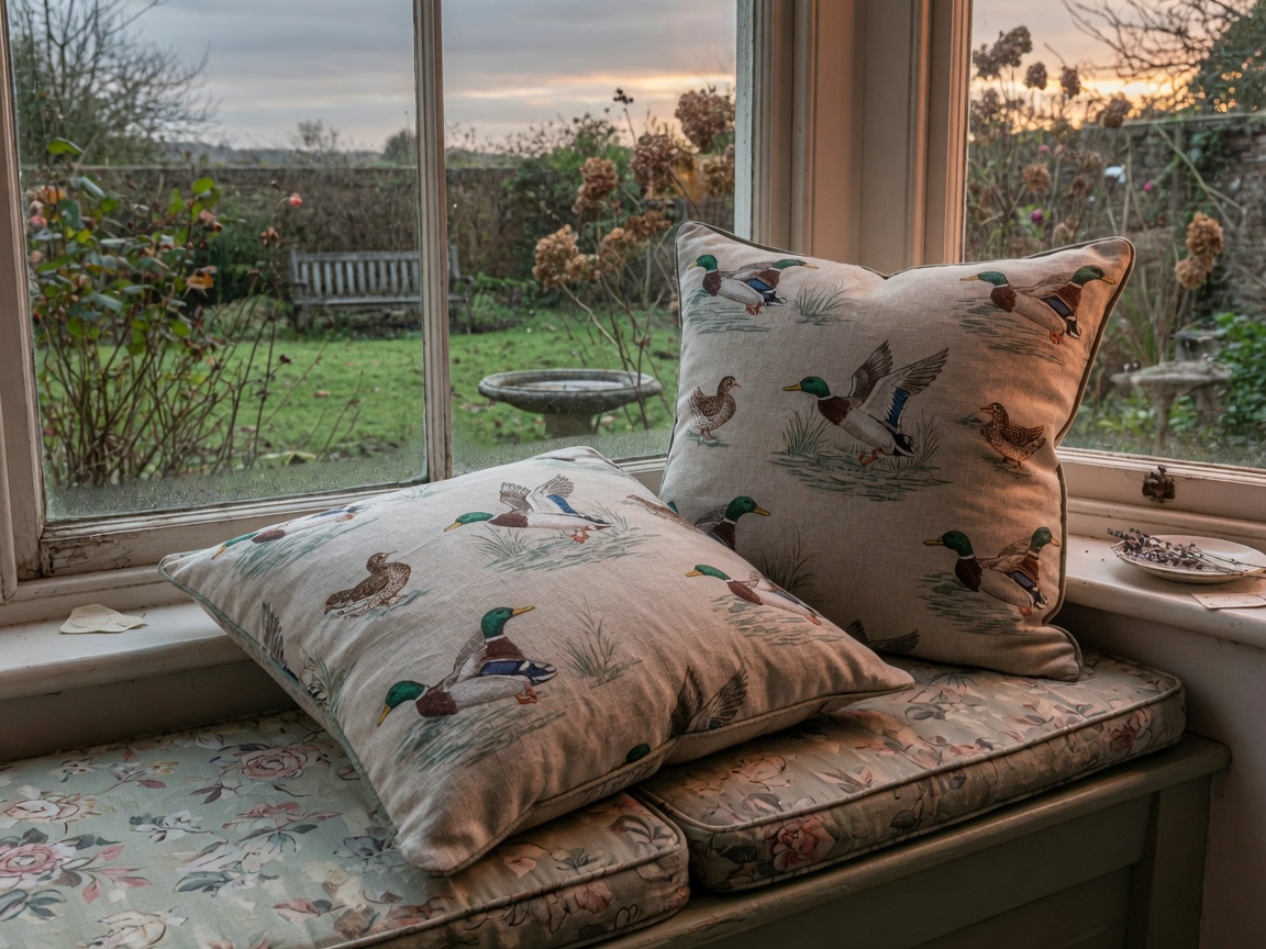 Cushion pair — Two mallard cushions for a window seat