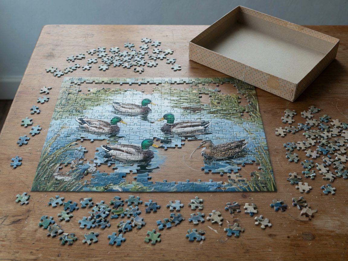 Mallard puzzle — A thousand pieces of water. A table becomes a pit.