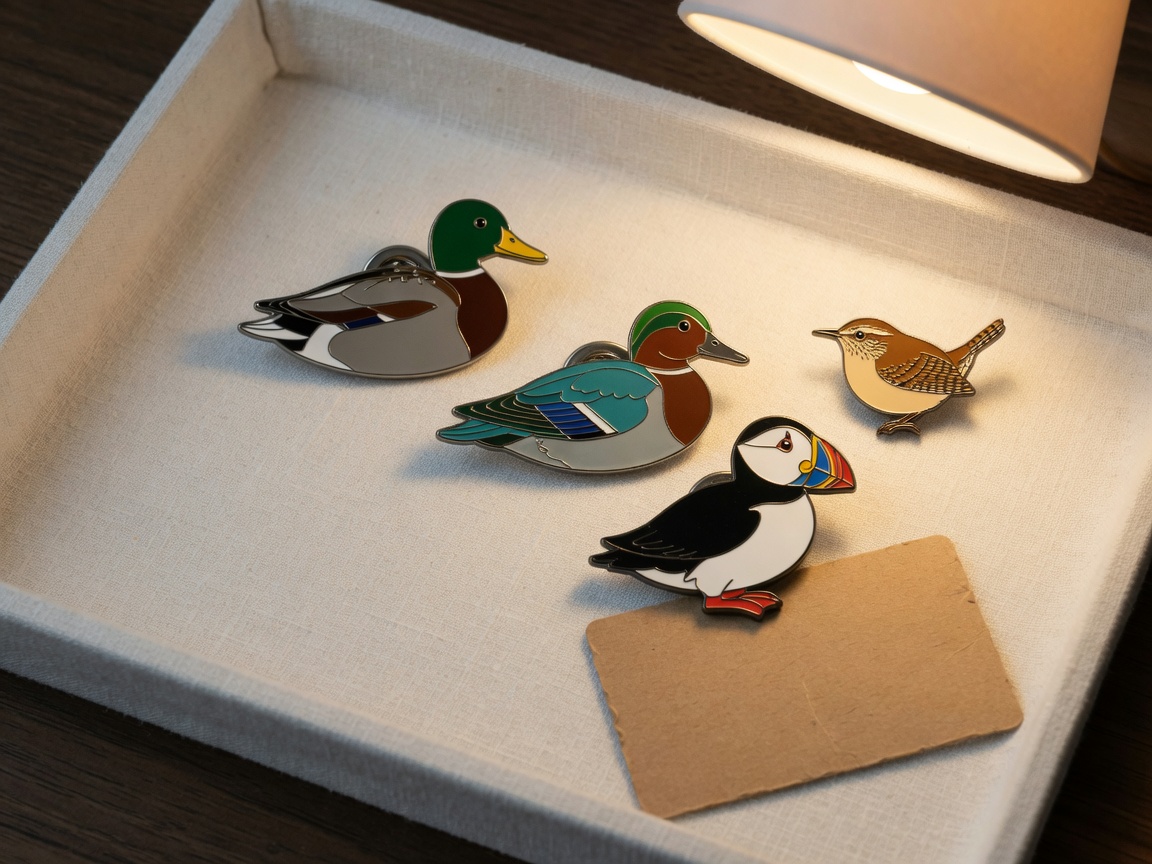 Pin flock — Mallard, teal, and friends — a tray, not one badge