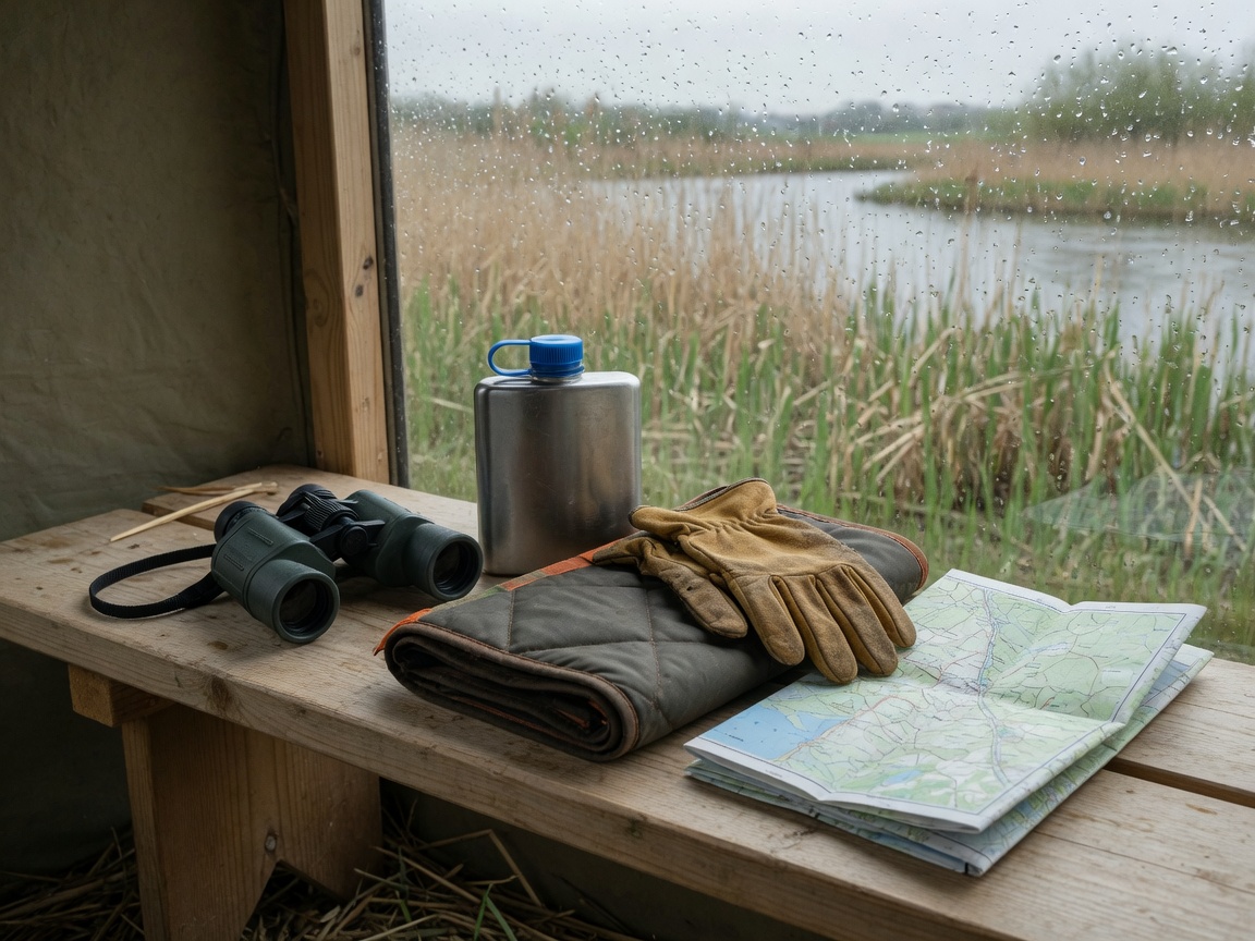 Hide-day kit — Flask, sit-mat, compact bins — the bag they will actually pack