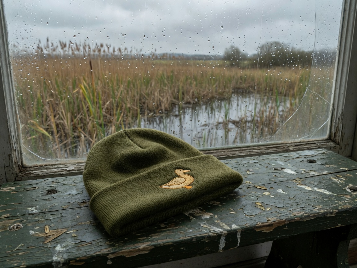 Hide beanie — Olive merino for a hide window, a small duck on the cuff